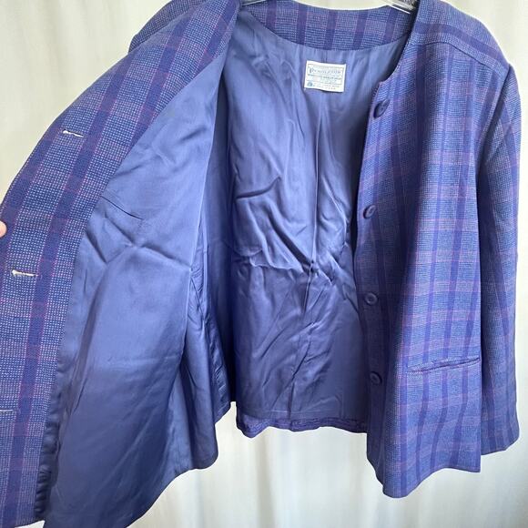 Pendleton Vintage Button Down Blue Plaid Collarless Blazer Size 22 - Picture 7 of 13